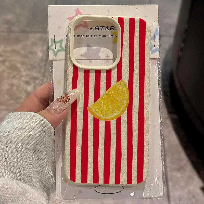 

Phone Case For iPhone 16 Pro Max 15 14 11 12 13 Pro XS Max 16E Cover Red Striped Lemon Lychee Pattern Shockproof Non-Slip Cases