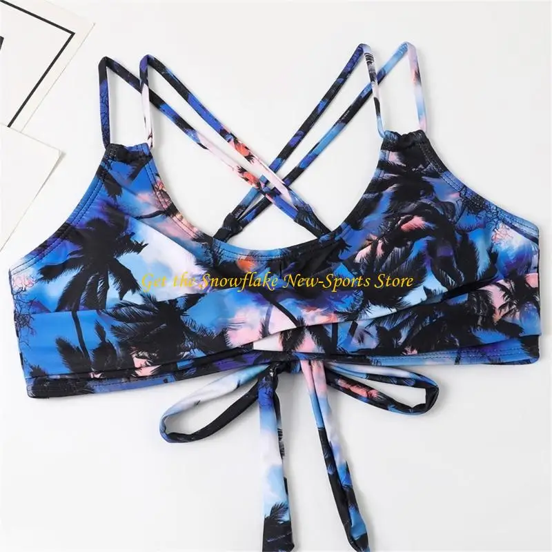 

E56D Scallop-Trim Bikinis for Women Coconut Tree Print Bathing Suit 2 Pieces Swimsuit