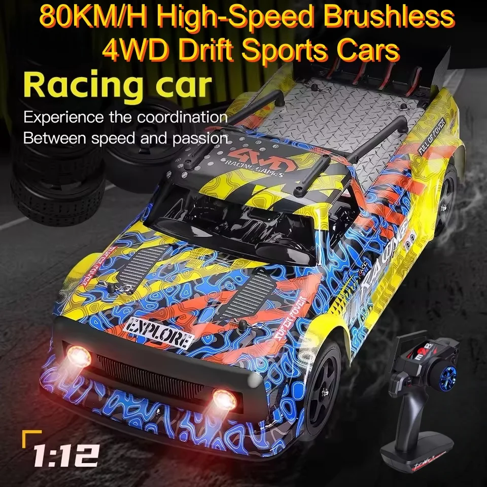 1:12 Flat Running Style Brushless 80KM/H High Speed Remote Control Car 2.4G Linkage Lighting 4WD Racing Drift Metal RC Car Truck