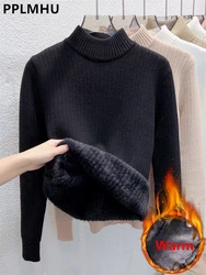 Sweater For Women Casual Thick Warm Knit Plush Velvet Lined Pullover Tops Fall Winter Soft Knitwear Jumper New Slim Poleras