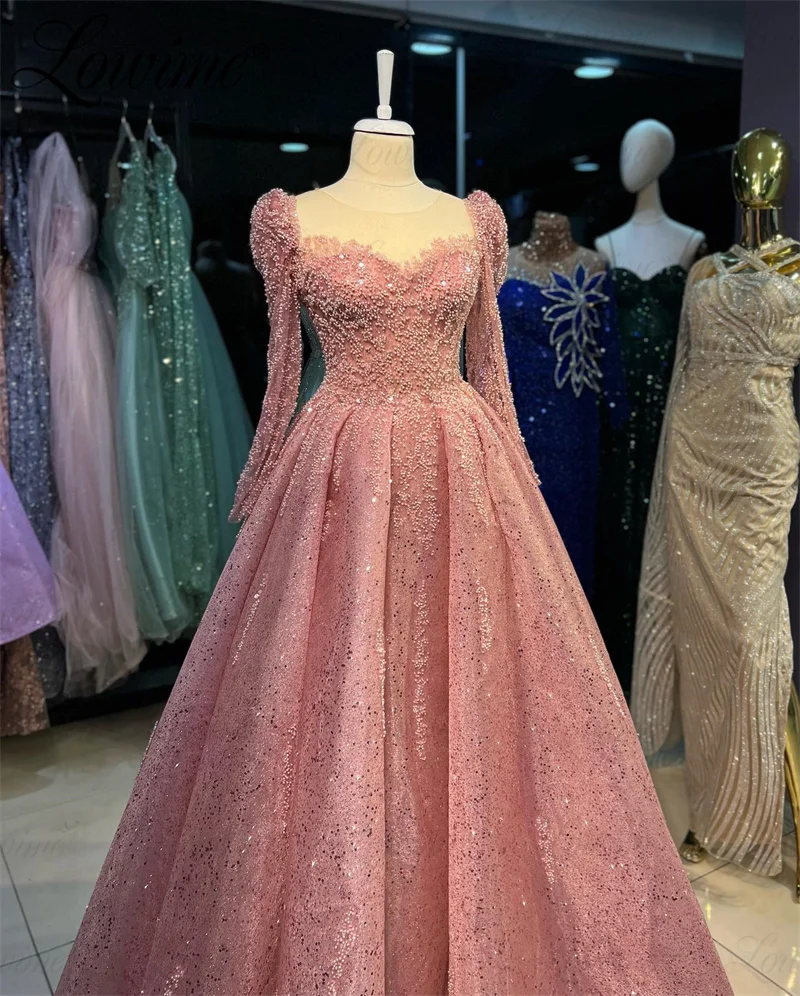 Heavy Beaded Pink Party Dress For Weddings 2024 Custom Made Long Sleeves Wedding Evening Dress Gowns Arabic Prom Dress Vestidos