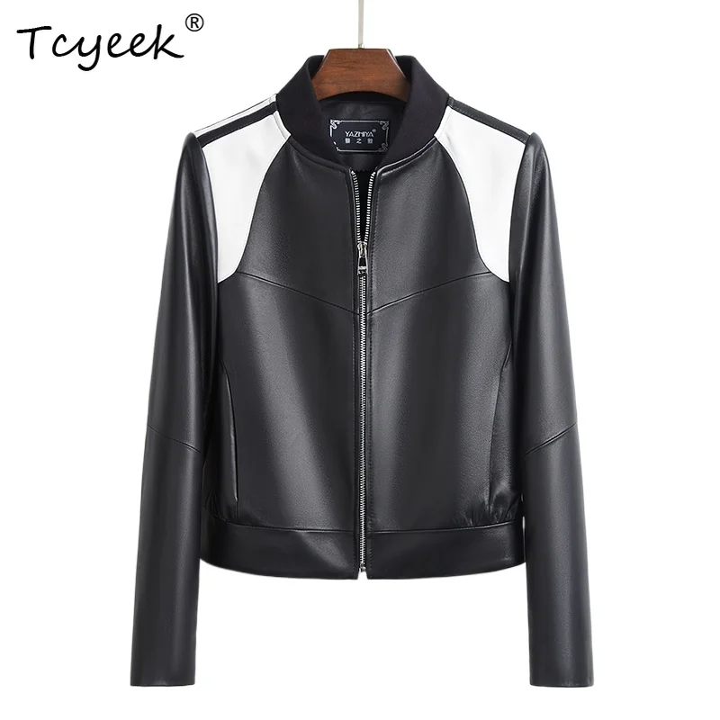 

Tcyeek Женская кожаная куртка из натуральной овчины, весенне-осенняя черная бейсбольная майка с воротником-стойкой и длинными рукавами Chaqueta Cuero Mujer