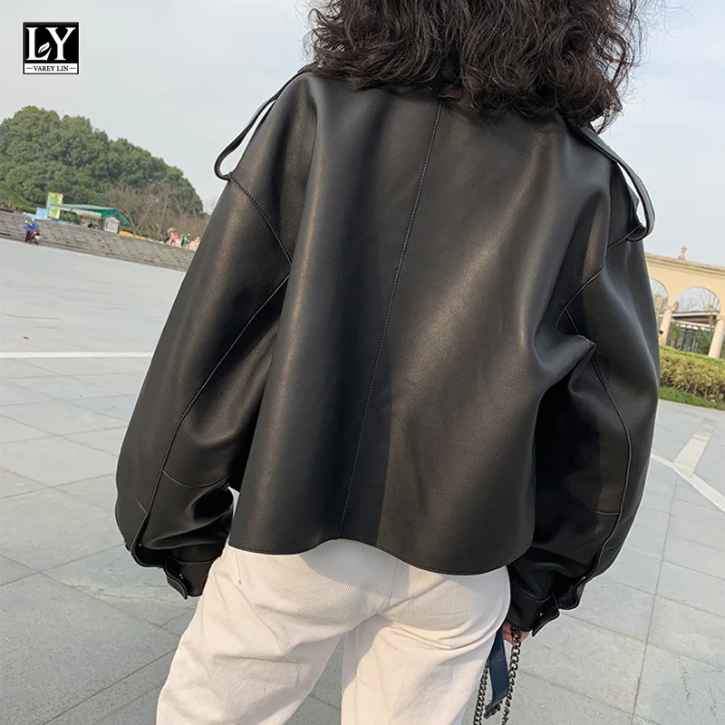 LY VAREY LIN 2022 Spring Women Biker Jacket Pu Leather Jacket Casual Outwear  Black Short Loose Soft Faux Leather Jacket Lady