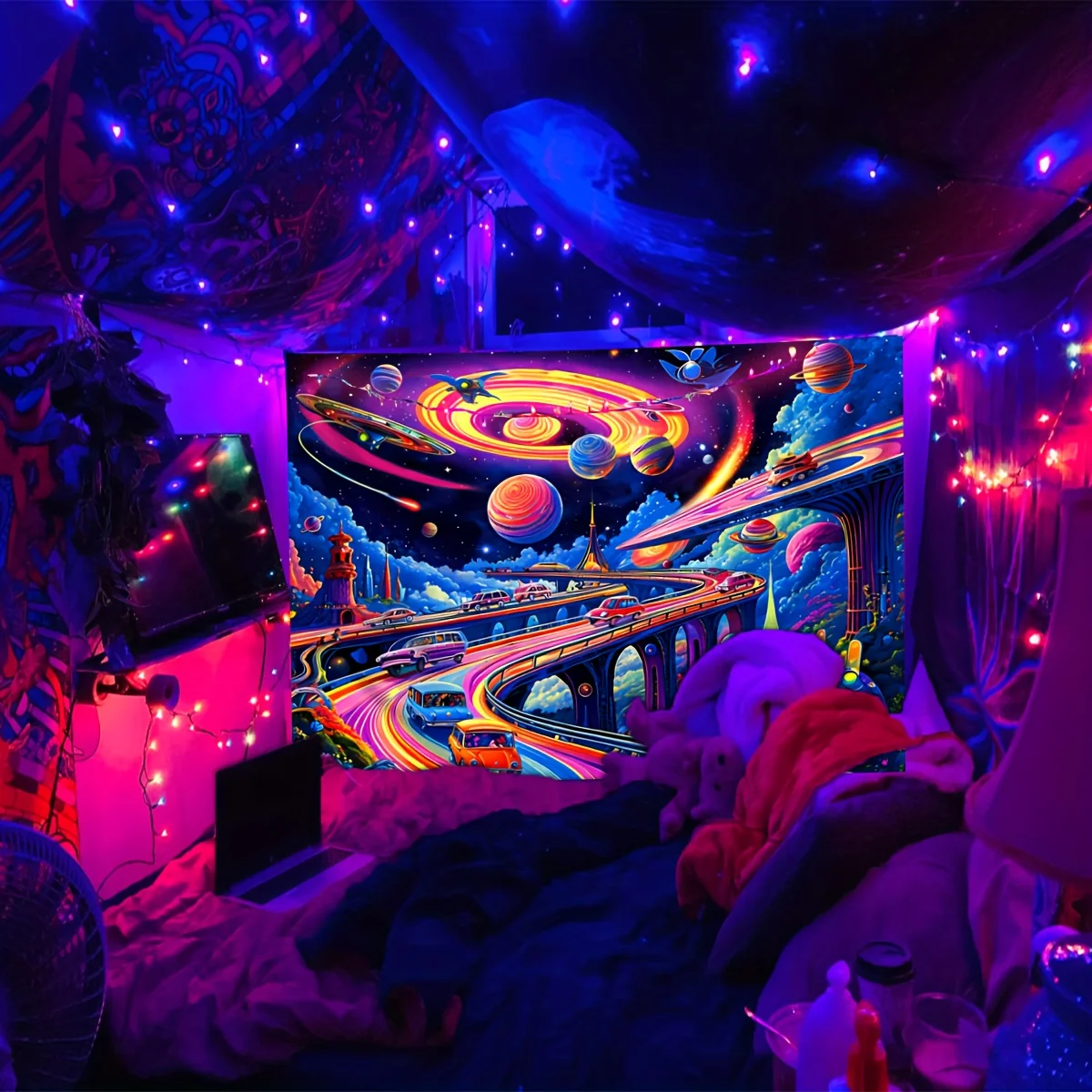 VIKAMA Cosmic Highway Glow-in-the-Dark Tapisserie Neon Fliegende Untertasse Flotte Planet Gaming Room Musik Sci-Fi Room Decor