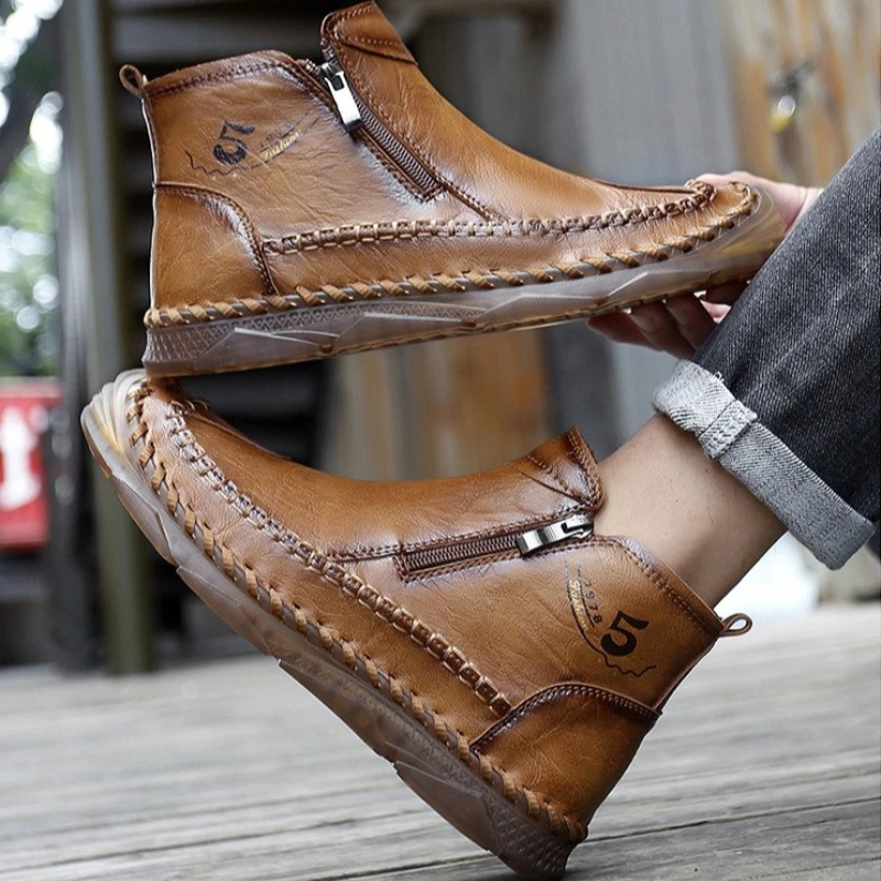 

Leather Men Shoes Plus Size 39-47 Outdoor Mid-top Casual Shoes Men Boots Flats Moccasins Walking Shoes Non-Slip Dropshipping