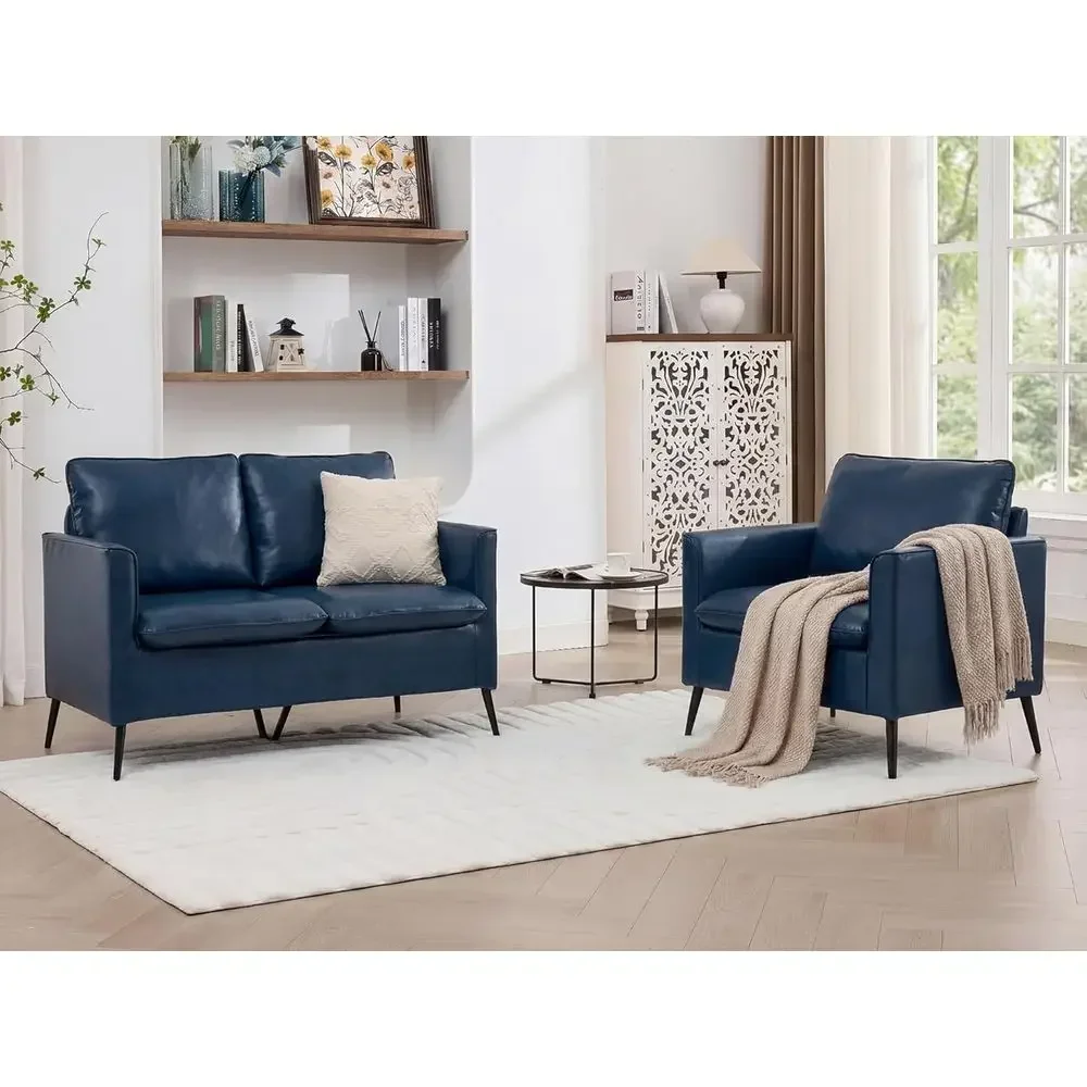 

Mid-Century Modern Loveseat Sofa and Accent Chair Set with 2 Pillows, Comfortable Couch and Chair for Small Spaces, 2-Piece Livi