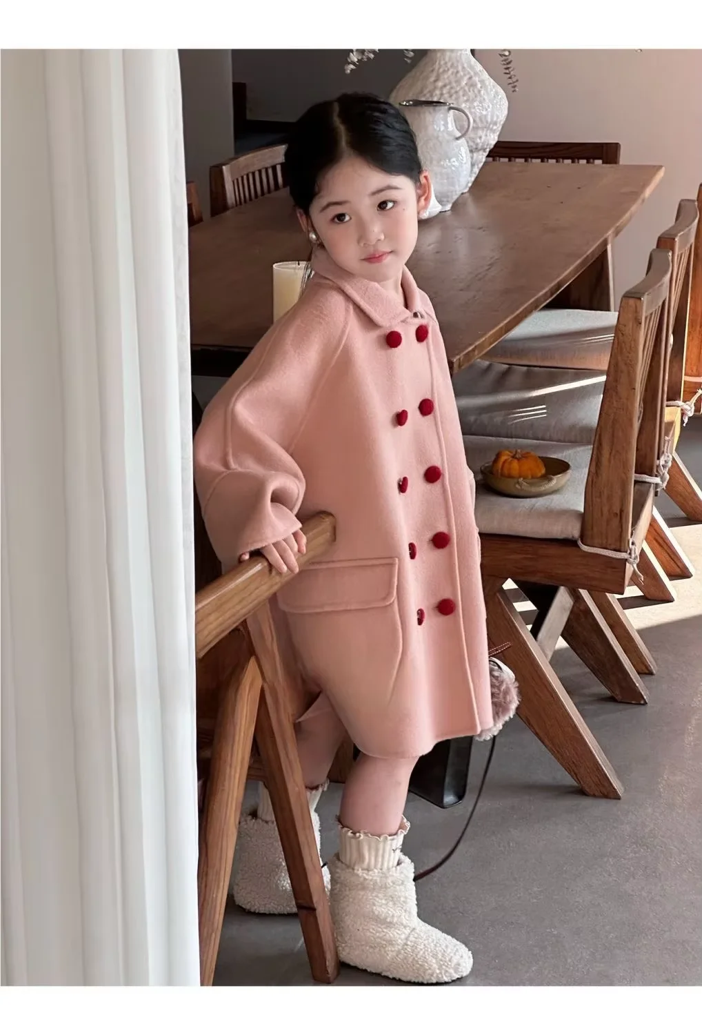 Girls Winter Long Wool Coat 2026 New Pink Sweet Style Overcoat Kids Fashion Outerwear 130-170CM