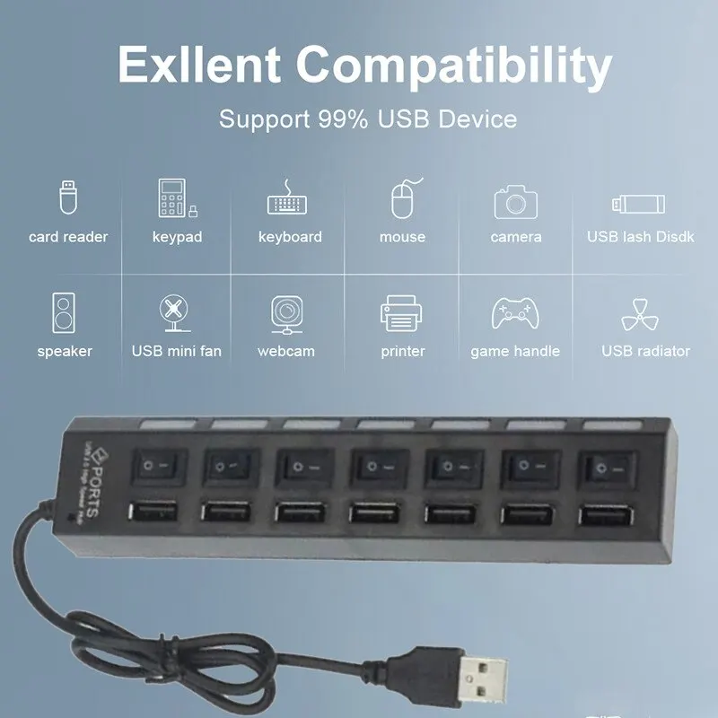 Coolcirc Switch Extension Hub 7-port USB2.0 Hub Computer USB Extension Hub One Drag Seven USB2.0 Splitter PC Laptop Desktop