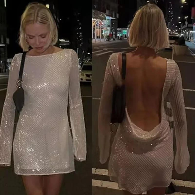 

Female Sequin Backless Short Dress Sexy Long Flare Sleeve Sparkly Women Party Dresses 2025 New Lady Evening Beach Dress Vestidos