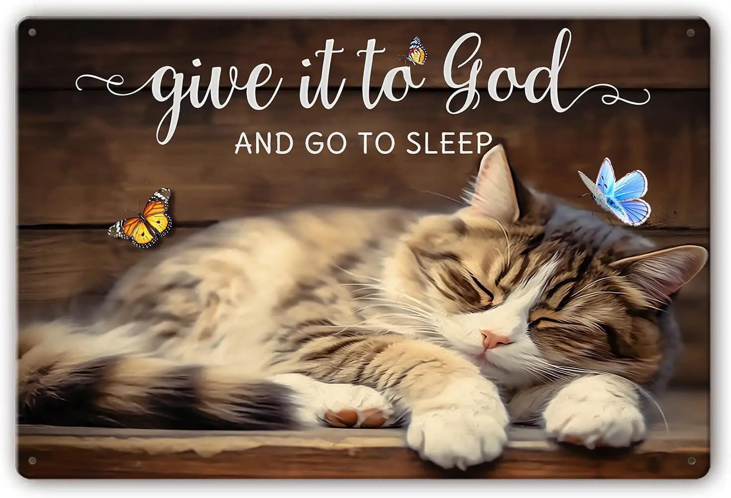 لافتة معدنية من القصدير لتزيين الجدران ، أعطه لله واذهب للنوم ، فن مسيحي لغرفة النوم ، قطة مضحكة ، إلهام