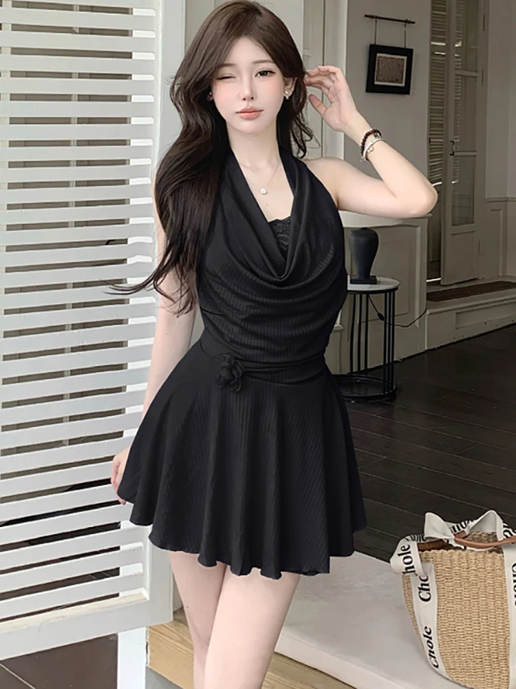 

2025 Black Patchwork Ruffled Fake Two Piece Dress Women Elegant Lace Neck-mounted Sexy Mini Dress Summer Korean Vintage Vestidos