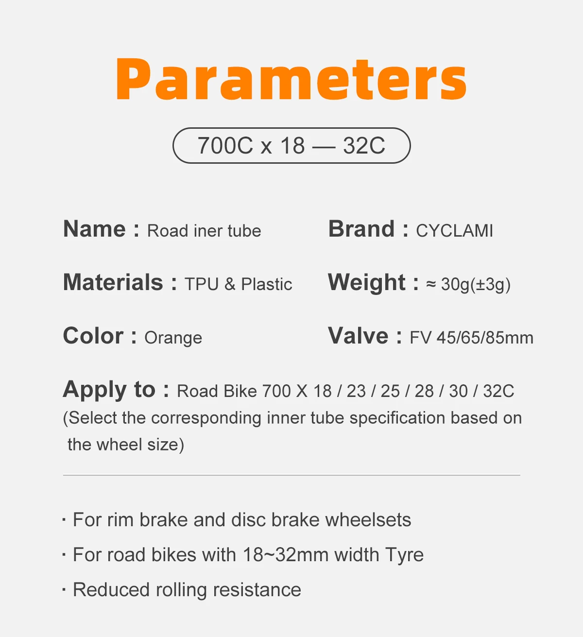 Neue Version CYCLAMI Ultraleichter TPU-Fahrradschlauch 700c 18 23 25 28 30 32c Rennrad 45mm 65mm 85mm Französisches Ventil Radsport – Detail 4