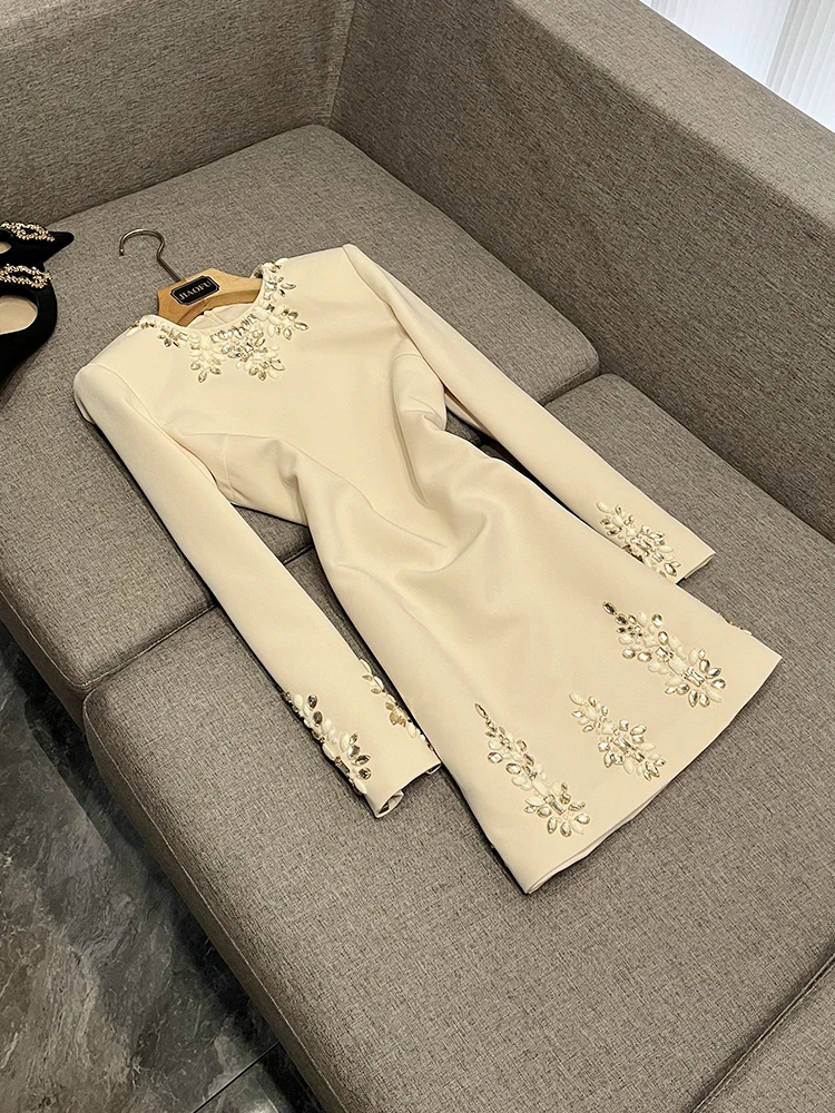 

Faionable Heavy Embellied Long Sve Diamond Embedded Dr Маленькая церемония Dr Celebri Sle Средняя талия Одежда для поездок на работу