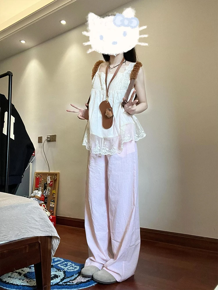 

Розовые широкие брюки для женщин: летние, тонкие, свободного кроя, прямые, повседневные, маленькие размеры, быстросохнущие, спортивные