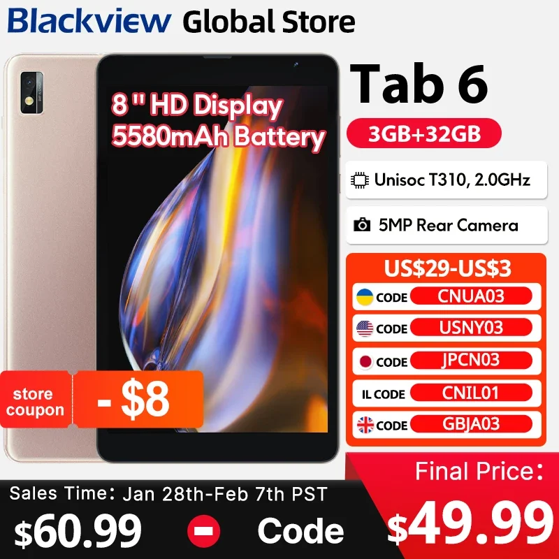 Blackview Tab 6 Tablet 8'' HD Display Unisoc T310 3GB 32GB 3G 3,5mm jack 5580mAh Batterie WiFi 5MP Kamera Android 11 Pad PC