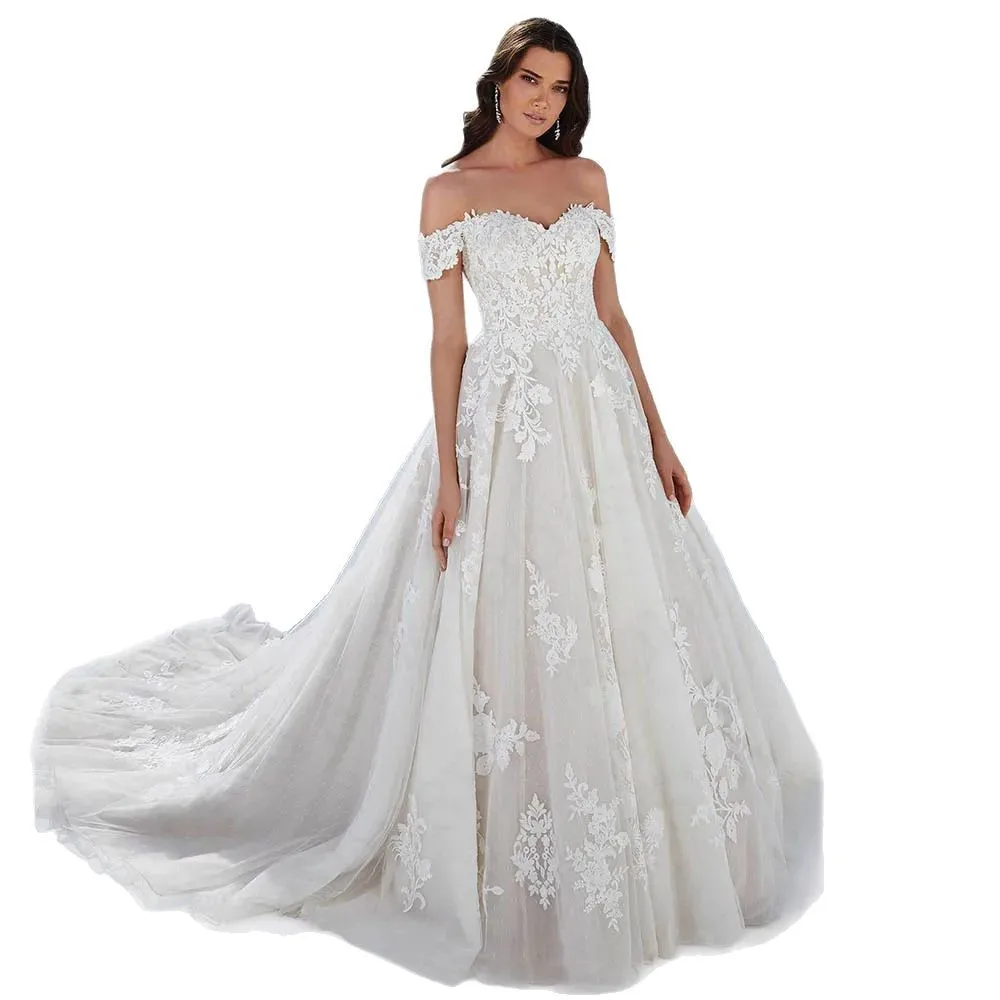 New Evening Dress Bridal Women's off-Shoulder Lace Luxury Wedding Small Tail Long