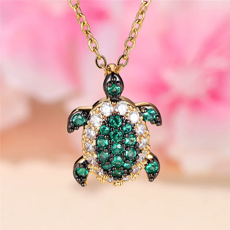 Cute Female Green Turtle Animal Pendant Necklace Vintage Yellow Gold Color Wedding Jewelry Gift For Women