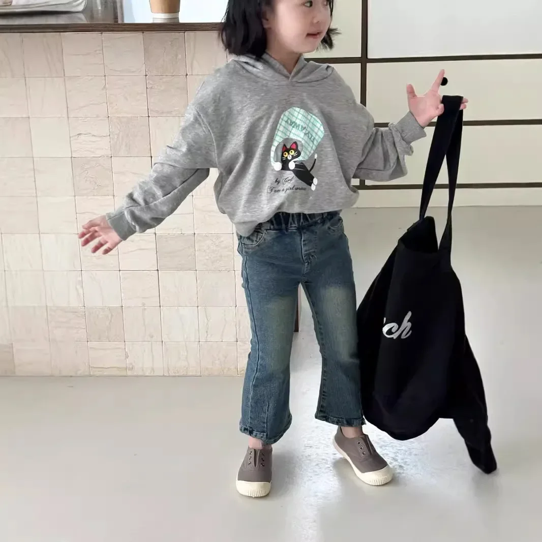 Girls Pants 2024 Autumn New Childrens Clothes Stretch Slim Nine-minute Flared Jeans Baby Girls Casual and Simple Daily