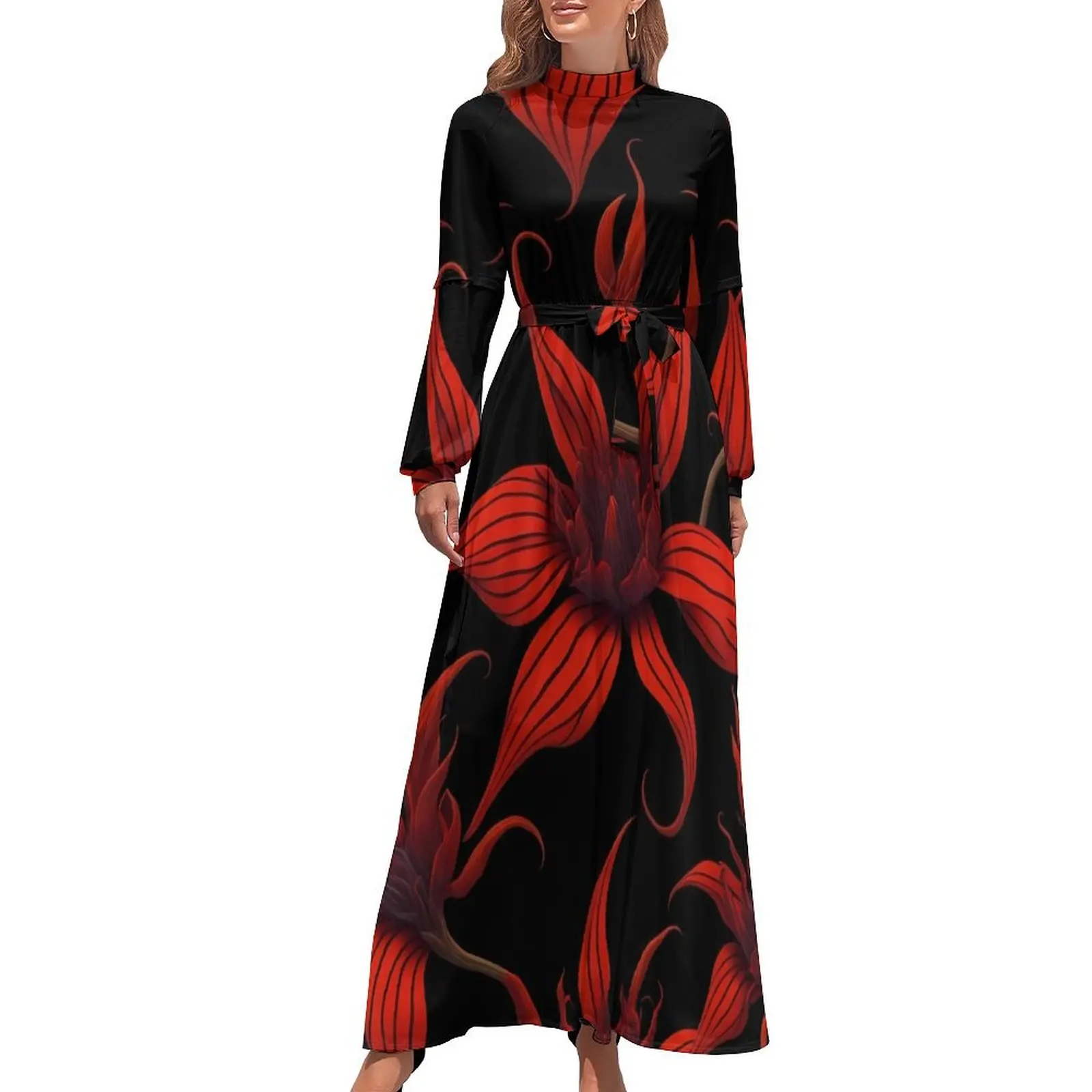 

Tiger Lily Floral Dress High Neck Red Flower Printed Boho Beach Dresses Long Sleeve Casual Long Maxi Dress Sexy Vestidos