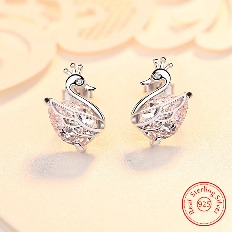 Real 925 Sterling Silver Women's High Quality Fashion Jewelry Crystal Swan Stud Earrings New XY0293