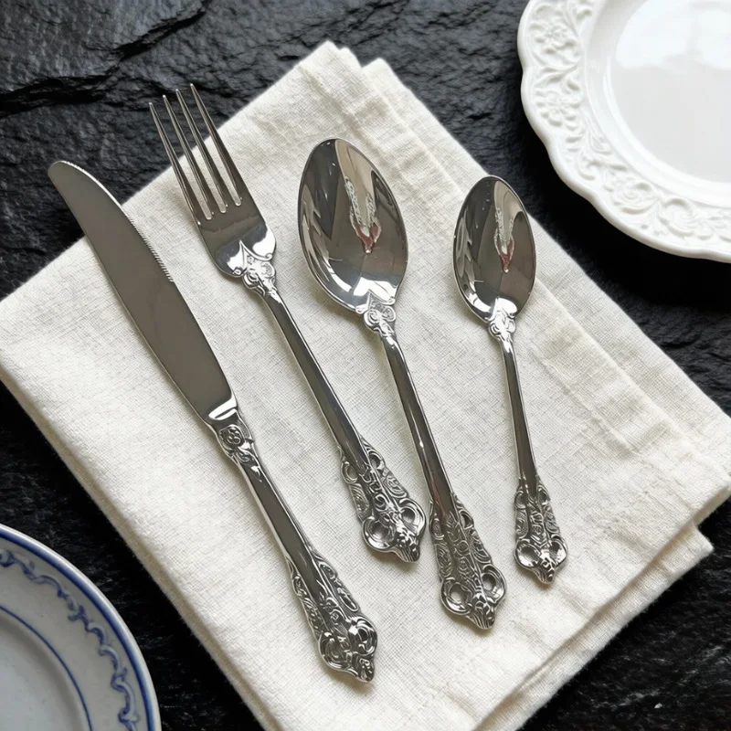 French Vintage Palace‑Style 304 Stainless Steel Western Desser Tableware Set, European Embossed Pattern Steak Knives Forks t