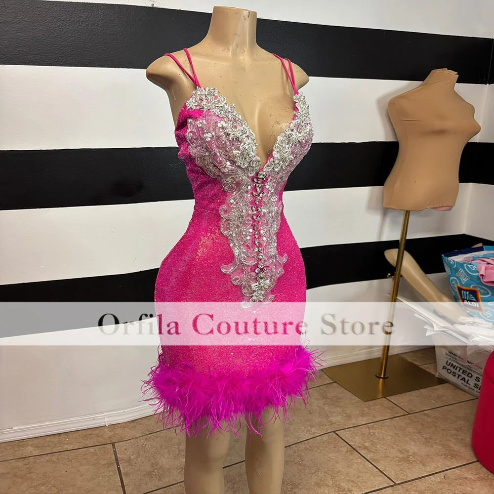 Luxury Crystal Birthday Dresses For Women Spaghetti Straps Short Feathers Prom Gowns Mini Party Outfits Cocktail Wear Customized