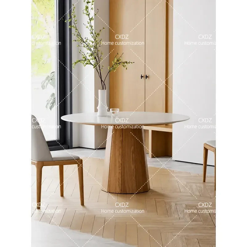 Nordic Rock Slab Round Dining Table Log Style Solid Wood Modern Simple Japanese Retro Household Small Apartment for 6 People