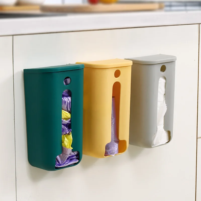 Wall Mounted Plastic Garbage Bag Holder Mounted Trash Bag Storage Box With Lid Container Kitchen Bathroom Sundries Container