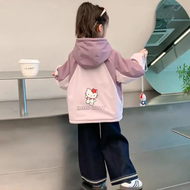 

Куртка для девочек Hello Kitty, бархатное пальто Sanrio, детская зимняя хлопковая утепленная куртка с капюшоном из мультфильма, модная ветровка