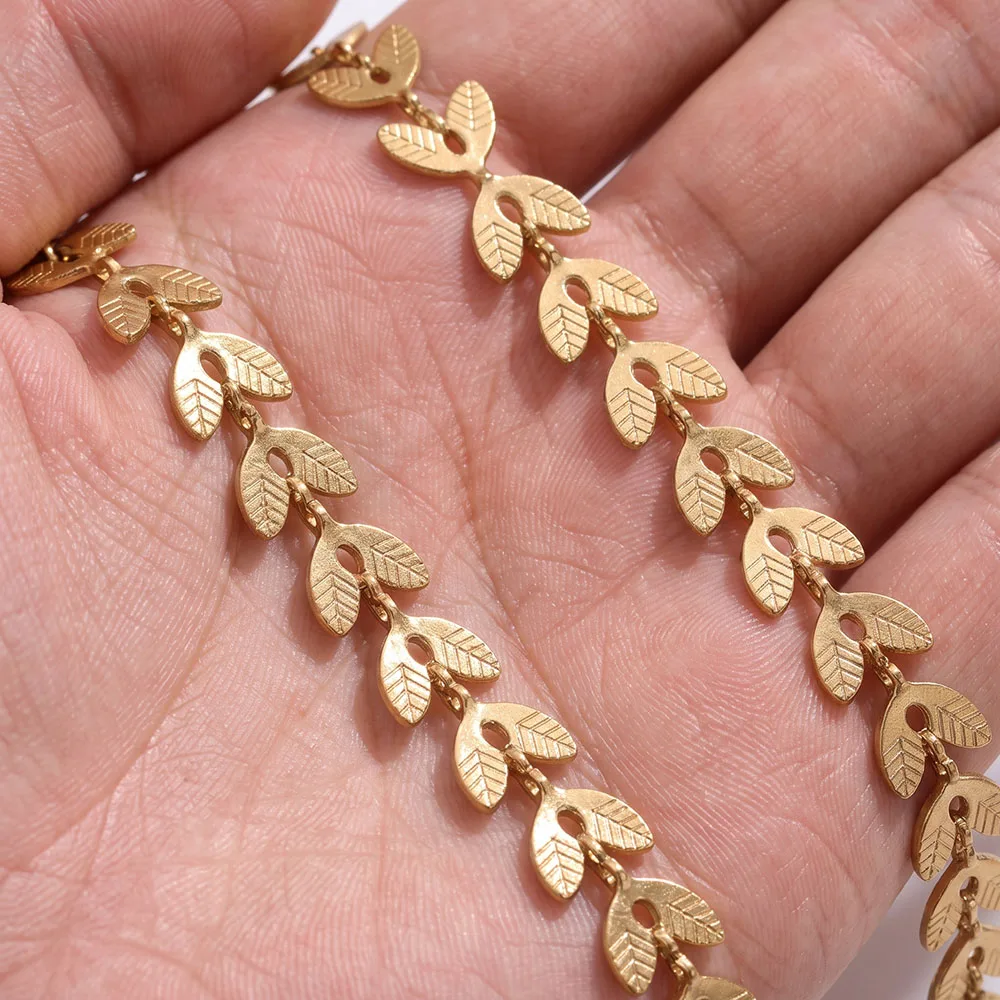 1/10m PVD Gold Stainless Steel Olive Leaf Link Chain Metal Double Leaf Findings for DIY Necklace Craft Accessories Wholesale