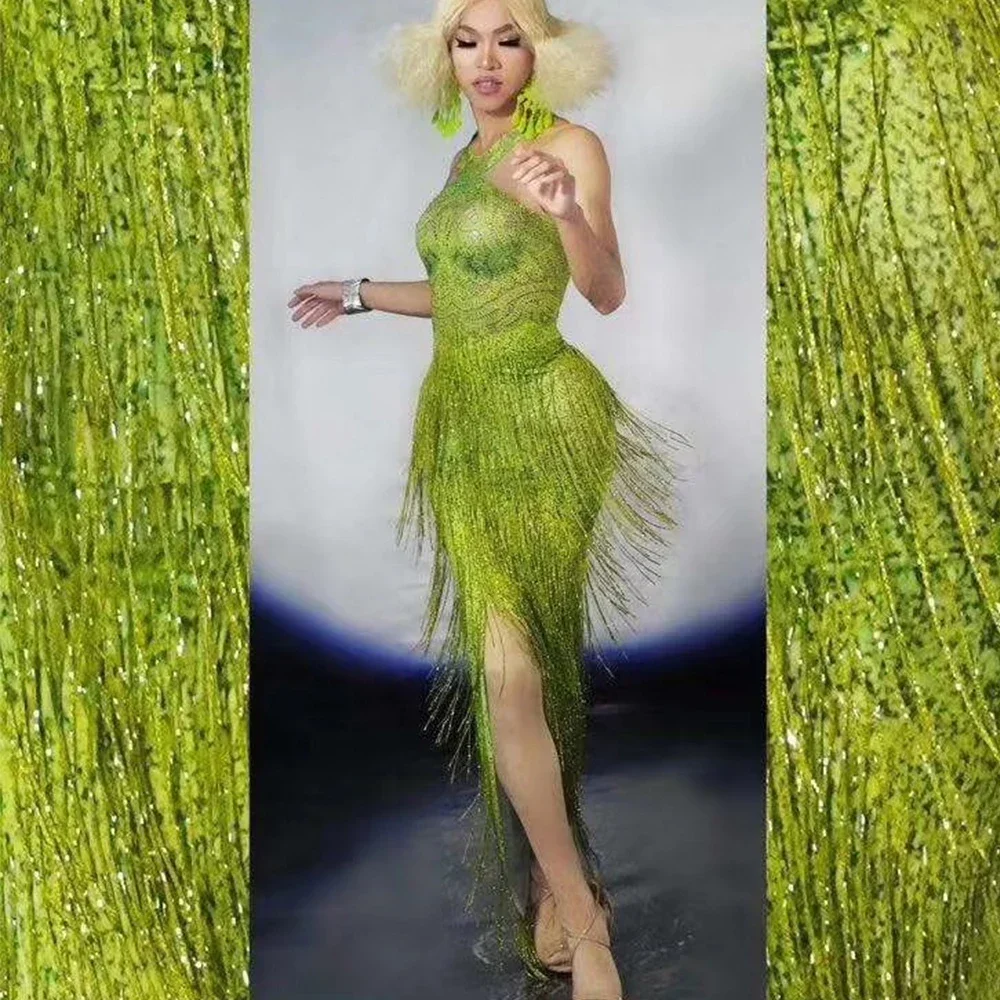 

Sleeveless Green Shining Rhinestones Tassel Sexy Dress For Women Ballroom Dance Clothing Stage Singer Costumes Party Wears