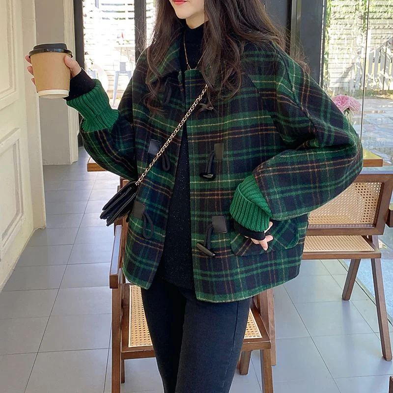 New Lattice Woolen Coat Women Spring Autumn Bat Sleeves Cowhorn Button Wool Coat Korean Loose Slim Short Jacket Female Outerwear