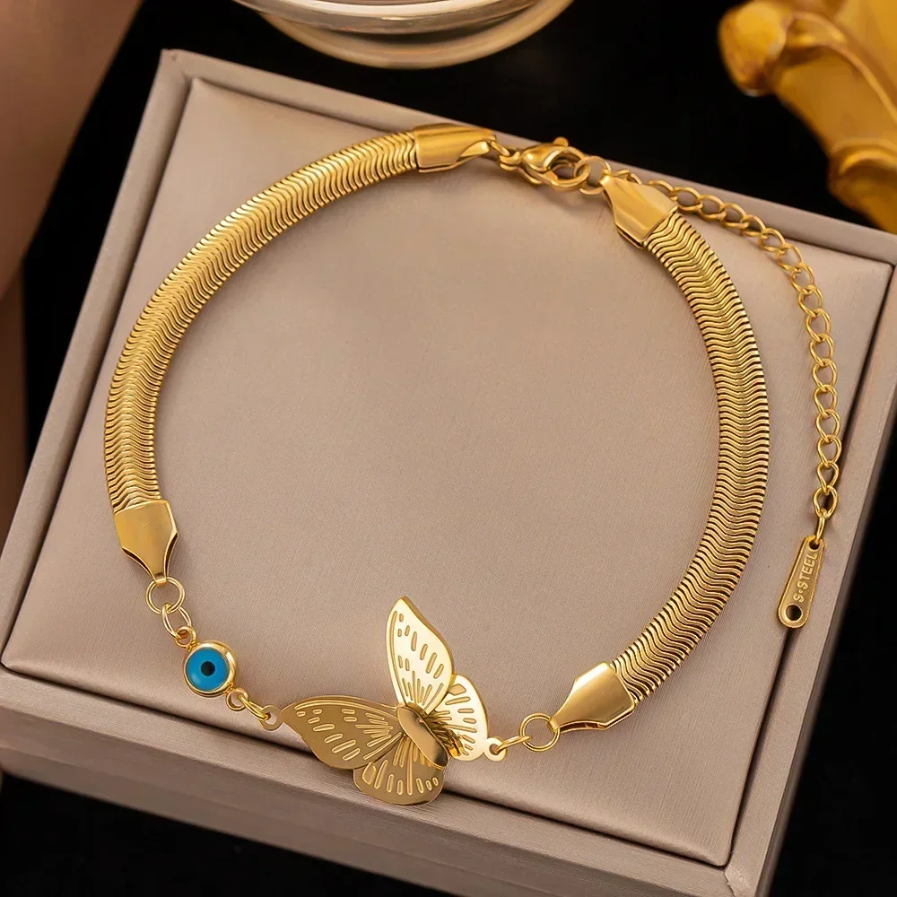

Stainless Steel Snake Bone Chain, Love Blue Eye Bracelet, Gold Non Fading Women's for Jewelry