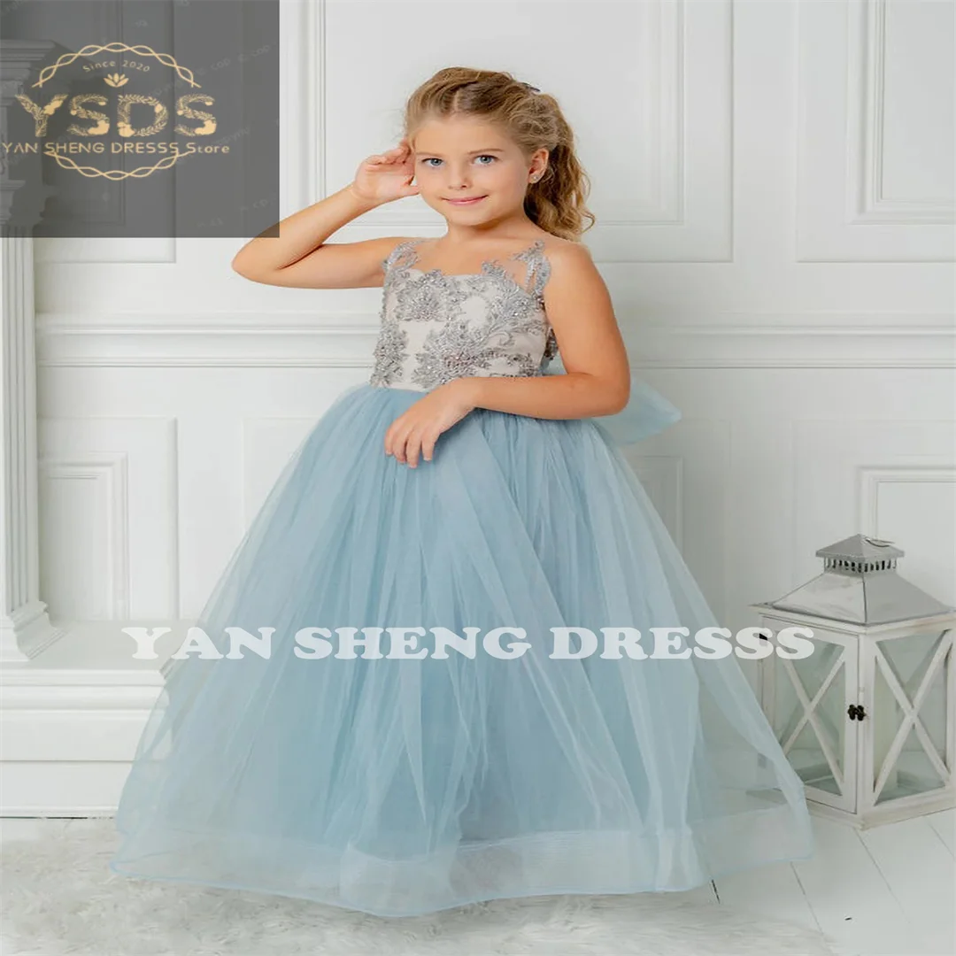 Light Blue Tulle Flower Girl Dress Beaded Sleeveless Appqulies Backless Ball Gown For Wedding Party Kids Birthday Pageant Dress