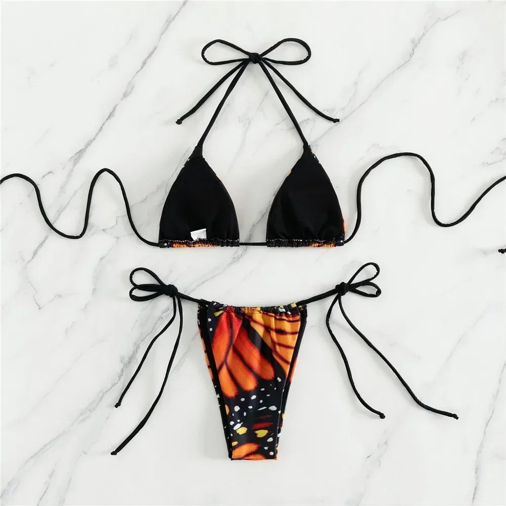 Sexy Butterfly Print Swimwear String Bikinis Set Micro Extremo Mini Thong Swimsuit Women Bathing Suit Triangle Bikini 2024 Mujer