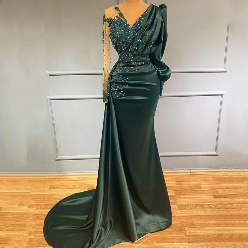 

2025 Custom Dark Green One - Shoulder Long Sleeve Evening Dress V -Neck and Exquisite Beaded Embroidery Mermaid dress