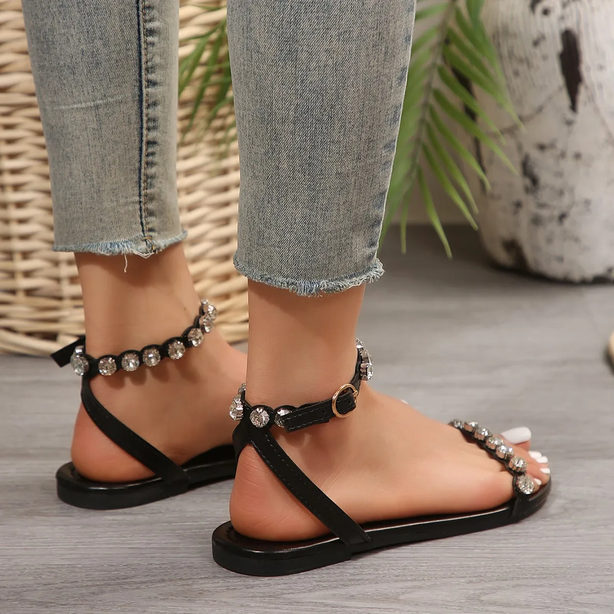 Ochanmeb Real Leather Women Concise Sandals Pearls Narrow Strap Ankle Buckle Black Beige Sandals Ladies Purple Shoes Size 36-43