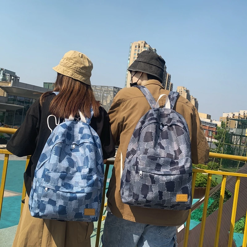 2021 Unisex Jean Plaid Laptop Backpack Travel Denim Daily Backpack High Capacity Casual Shoulders Bag Korean Style Schoolbags