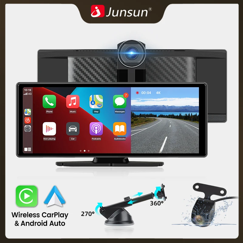 Junsun 10.26 Wireless CarPlay Android Auto Car Radio 4K Dash Cam Telecamera retrovisiva Wifi Navigazione GPS Cruscotto Videoregistratore