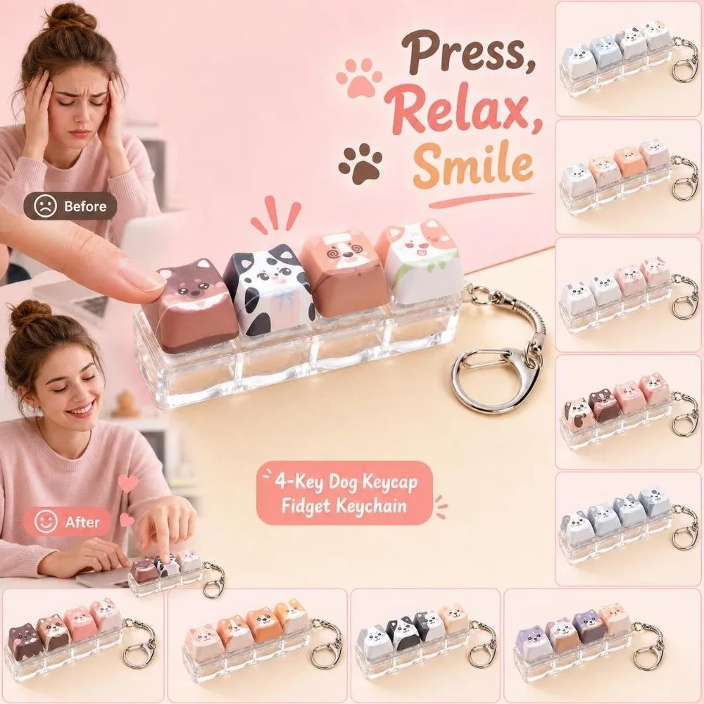 4 Keys Anti-stress Pendant Mechanical Keycap Stress Relief Clicker Fidget Pass the Time Creative Dog Keychain Bag Charms