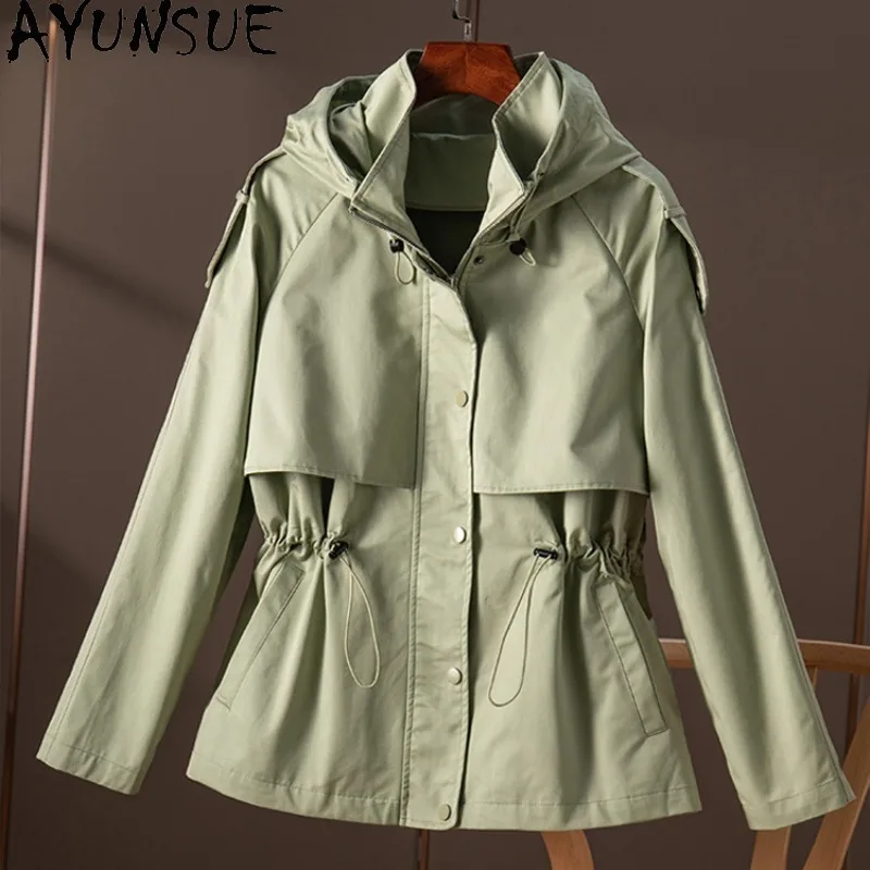 AYUNSUE Hooded Trench Coat Woman Fashion Solid Long Sleeve Tops High Quality Thin Outerwears Spring Autumn Jacket Woman Clothes