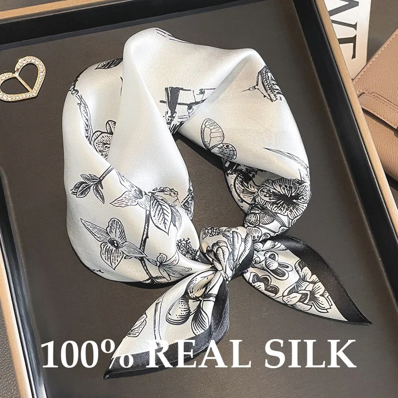 

2026 Black White New 100% Pure Silk Scarf Bandana Women Square Scarves Wrap Kerchief Elegant Fashion Luxury Headband Hijab Shawl