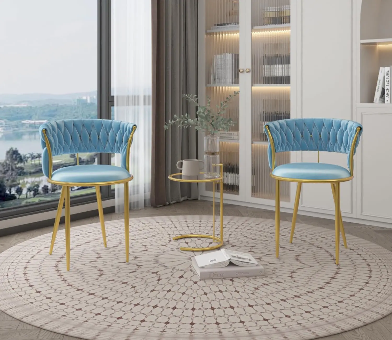 

Velvet Dining Chairs Set Of 2, Modern Upholstered Woven Dining Chairs With Curved Backrest, Gold Metal Legs, Accent Chairs For