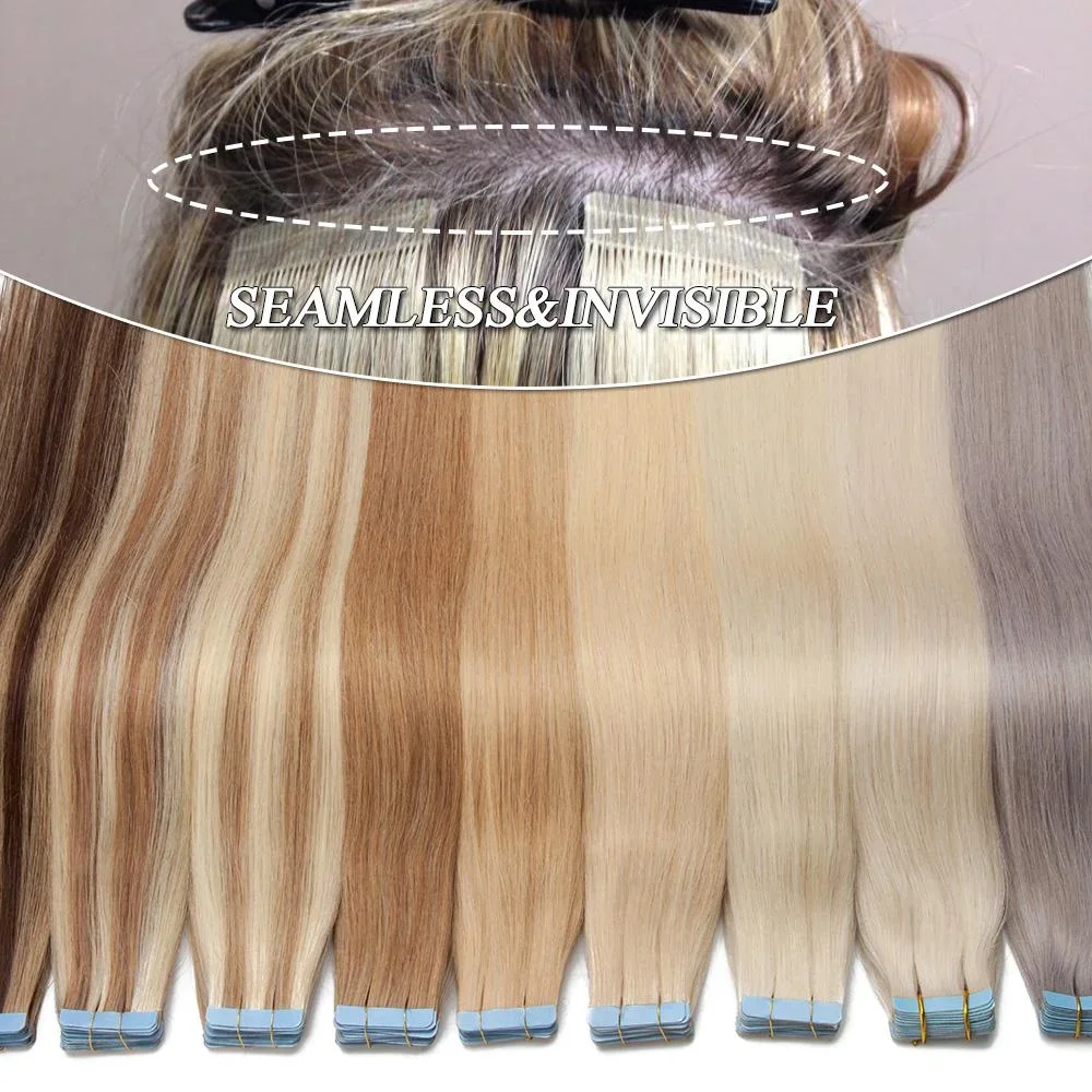 PROKYVITY 20pcs Invisble Tape In 100% Real Remy Hair Extensions Brazilian Straight Skin Weft Adhesive Salon Quality for Women