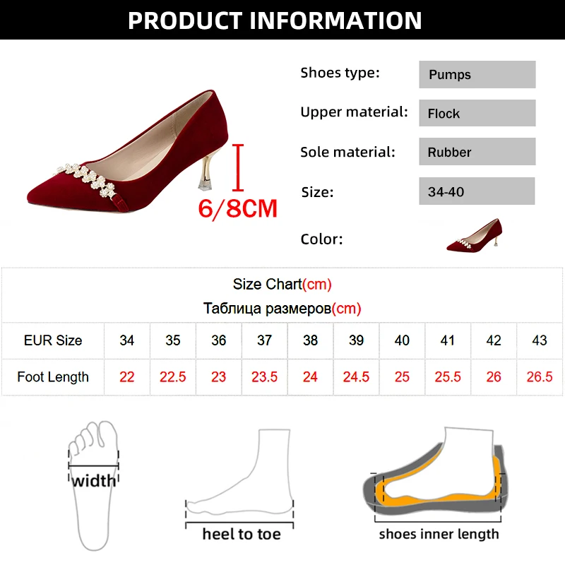 Rimocy elegancka perła kryształowe buty ślubne kobiet ze spiczastym noskiem wsuwane szpilki czółenka kobiety 2023 czerwone flokowane, na wysokim