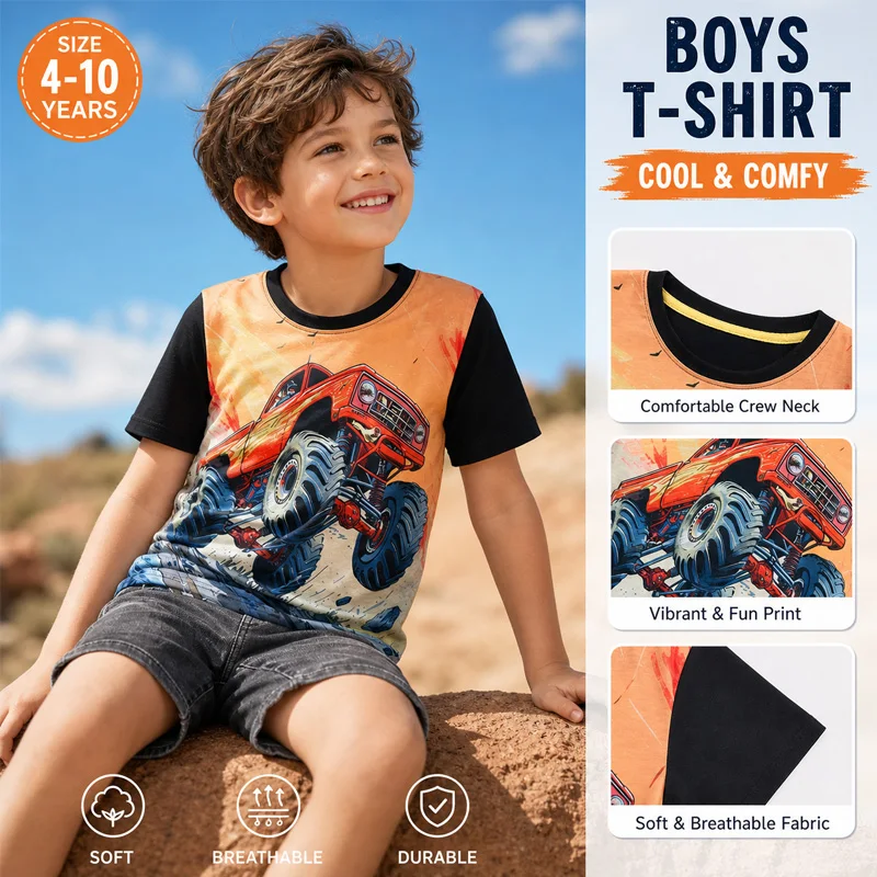 Little Hand Toddler T-Shirt Short Sleeve Boys 3D Graphic Monster Truck Summer Tops Tees Shirt Excavator Casual Top for 4-10Years