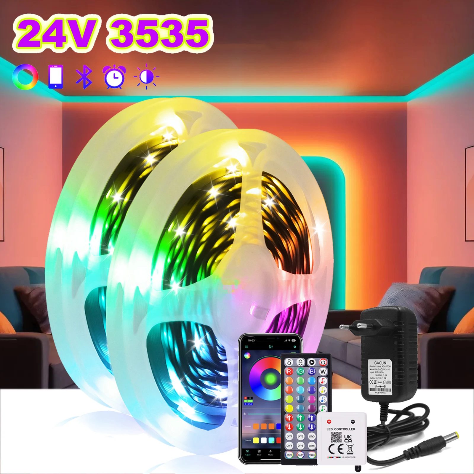 

RGB LED Lights Strip 24V 3535 Music Sync Color Changing Bluetooth APP 44Keys Remote Control RGB LED Tape 5M 10M 15M 20M 30M 40M