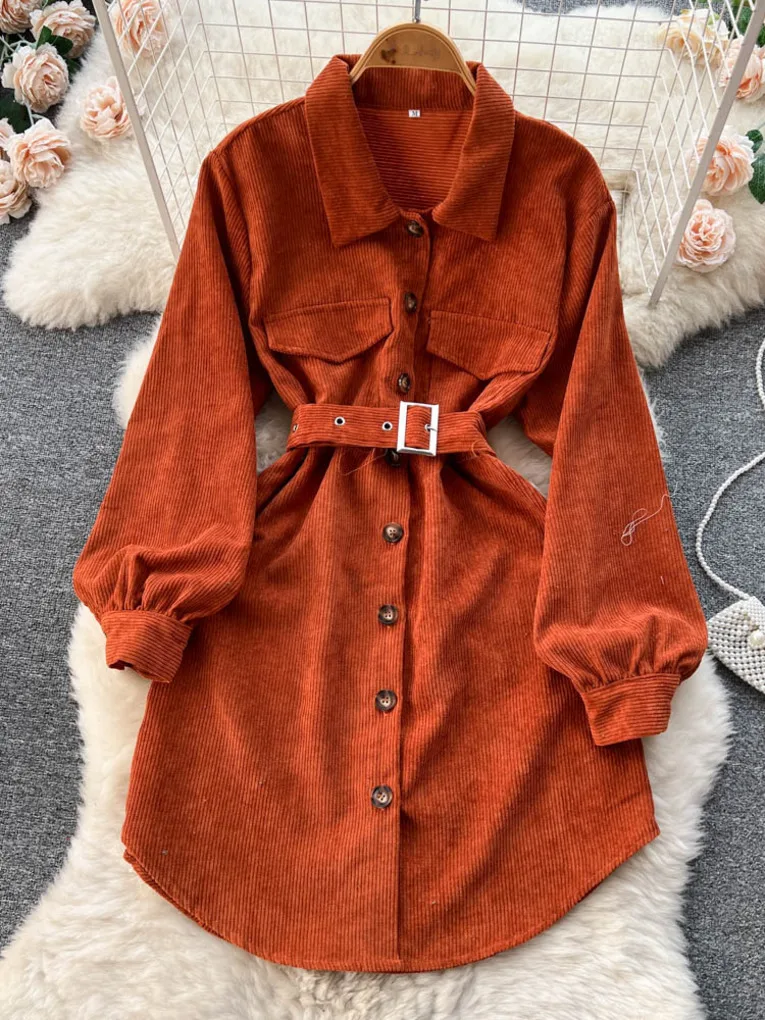 Foamlina Casual Women Autumn Corduroy Dress Solid Turn-down Collar Long Sleeve Single Breasted Belted A-line Short Female Dress