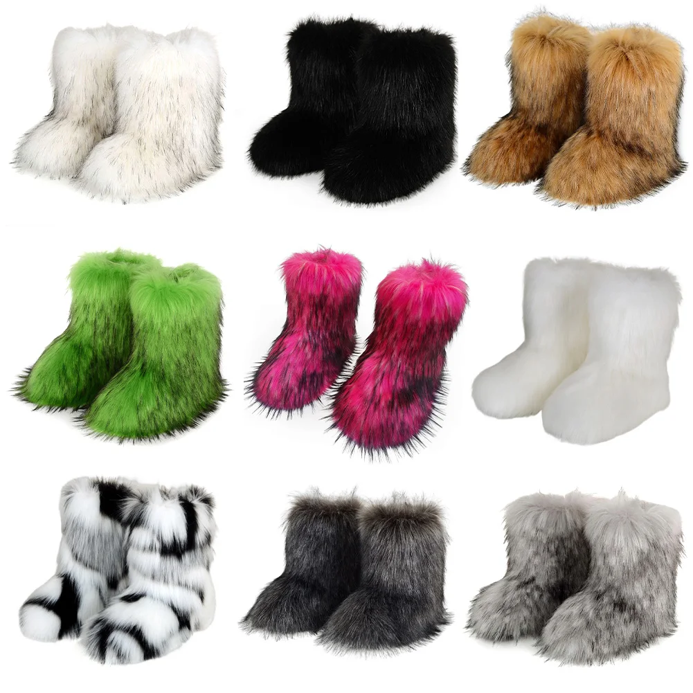 

Women Furry Boots Fuzzy Fluffy Snow Boots Round Toe Mid-Calf Boots Warm Comfortable Winter Boots Outdoor Flat Shoes