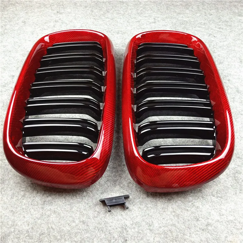 

1 Pair Front Auto Grilles Real Carbon Fiber Kidney Mesh Grille For B-MW X5 F15 X6 F16 2014-2018 Red Car Grill Guard